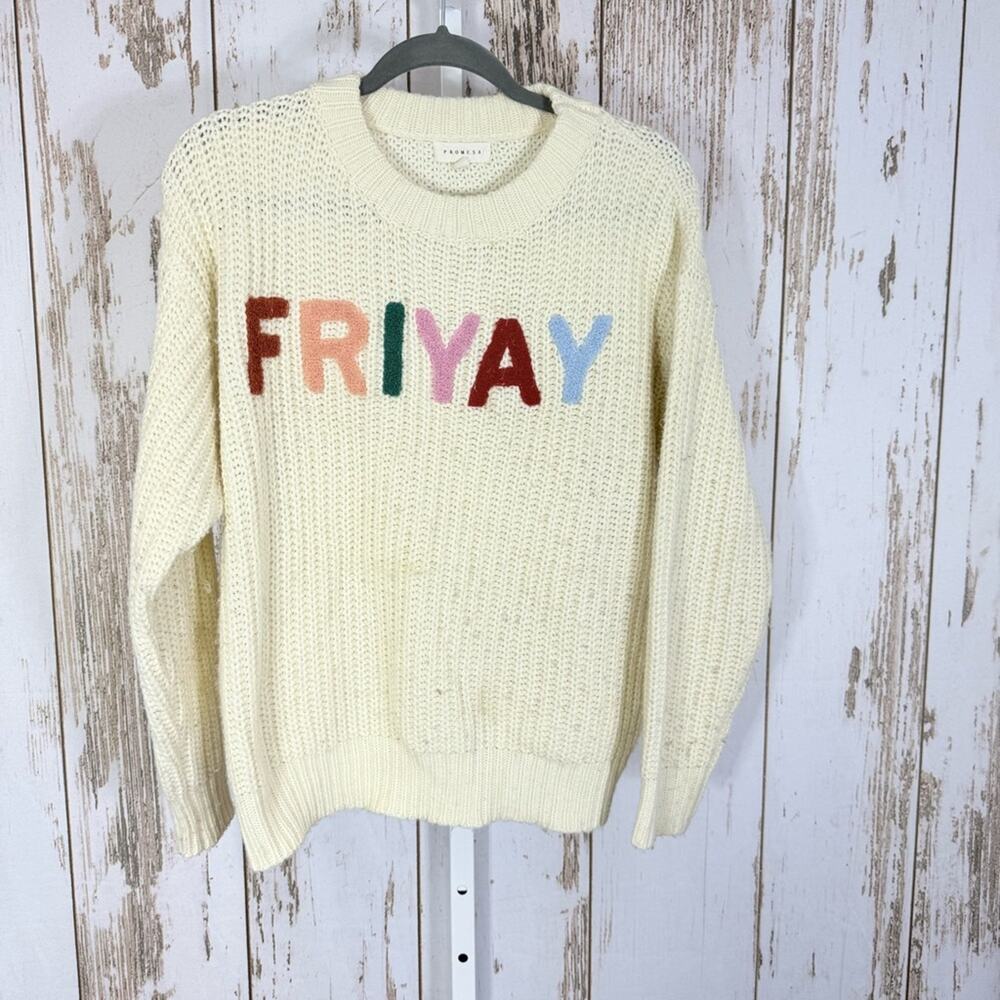 Promesa, Cream Chunky Knit Sweater with Colorful 'FRIYAY'. Size M/L.